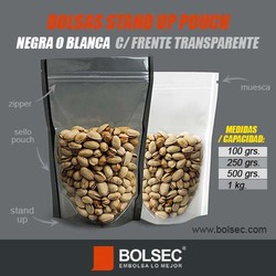 bolsas stand up pouch negras y blancas con ventana